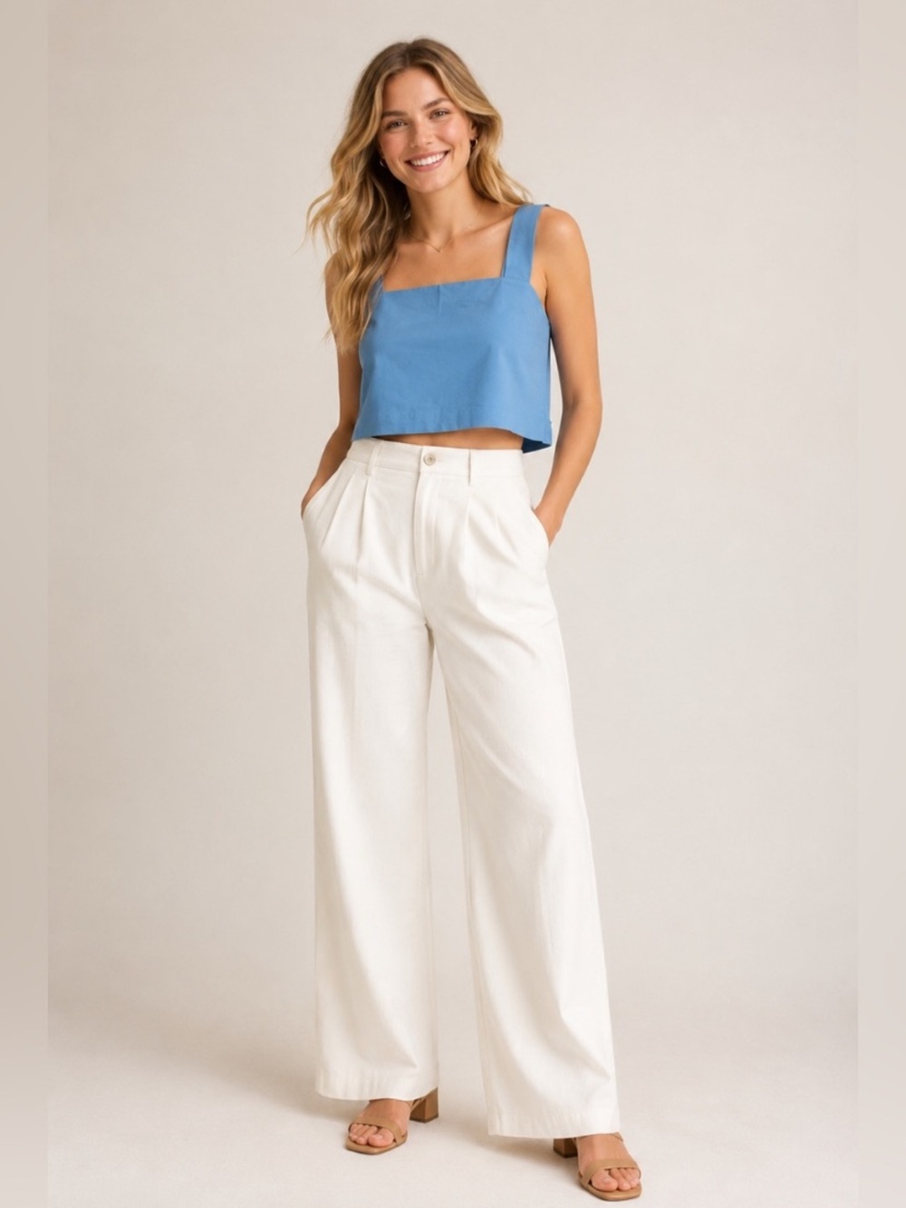 Frank & Oak Blue Square-Neck poplin shell Top